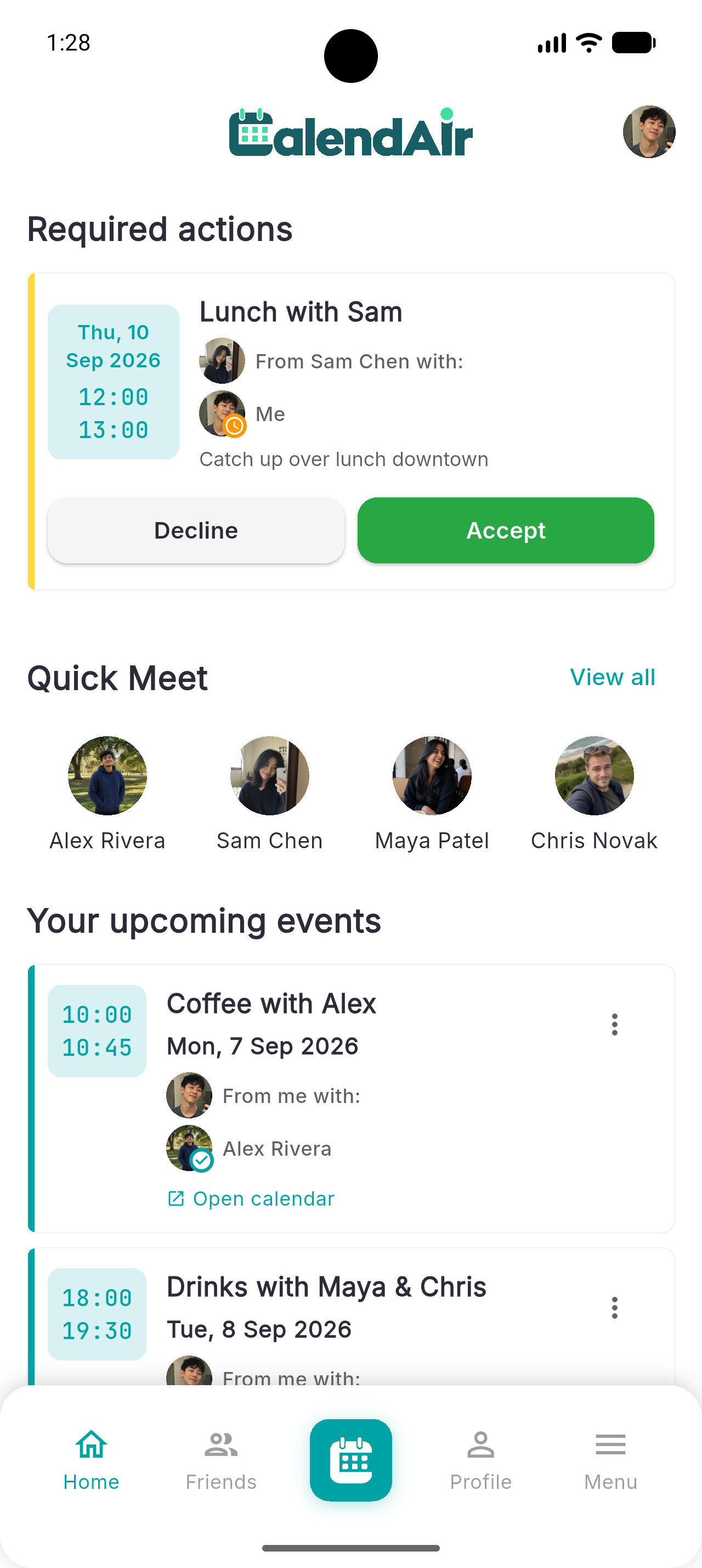 The CalendAIr dashboard: a lunch invitation waiting for a reply, Quick Meet contacts, and upcoming events