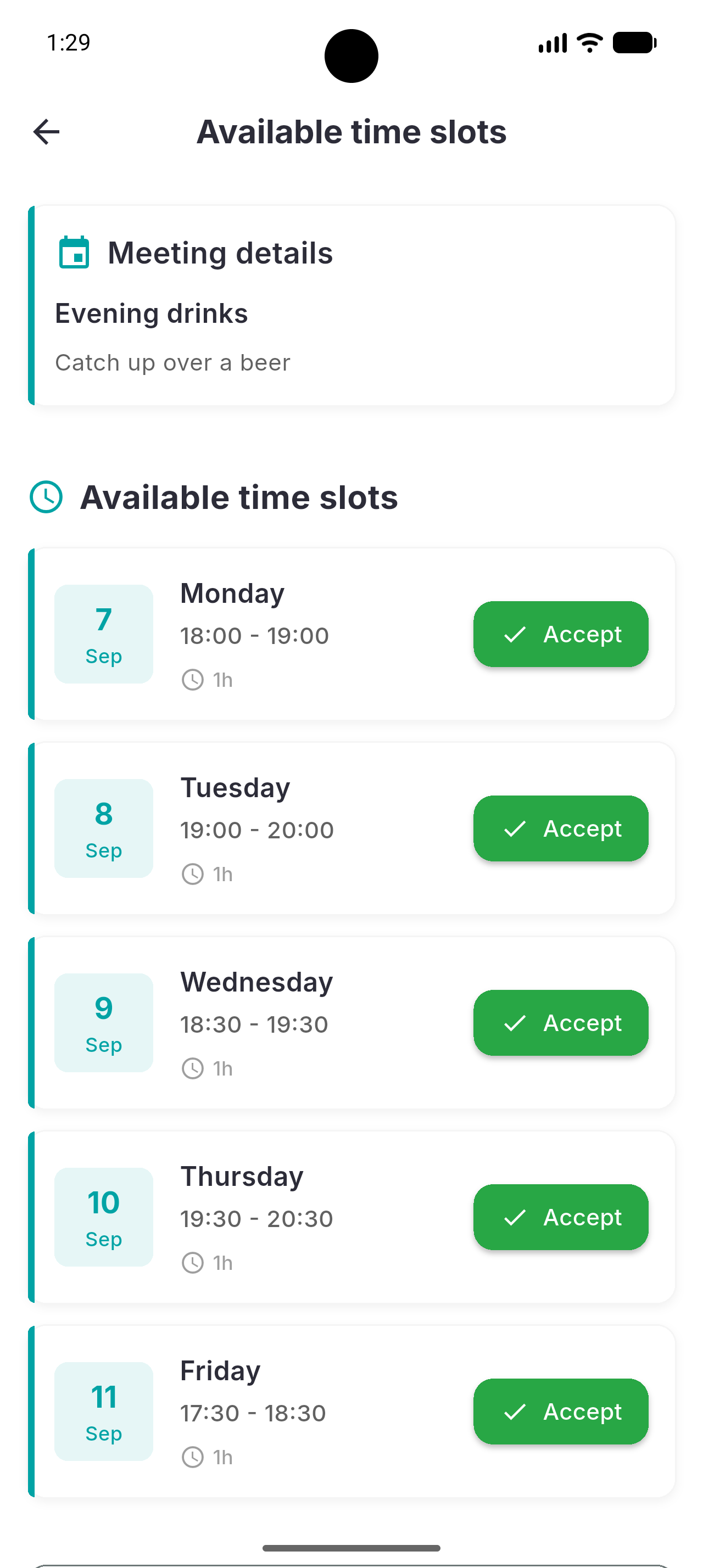Available time slots in CalendAIr: Monday, Tuesday and Wednesday evening, each one hour with an Accept button